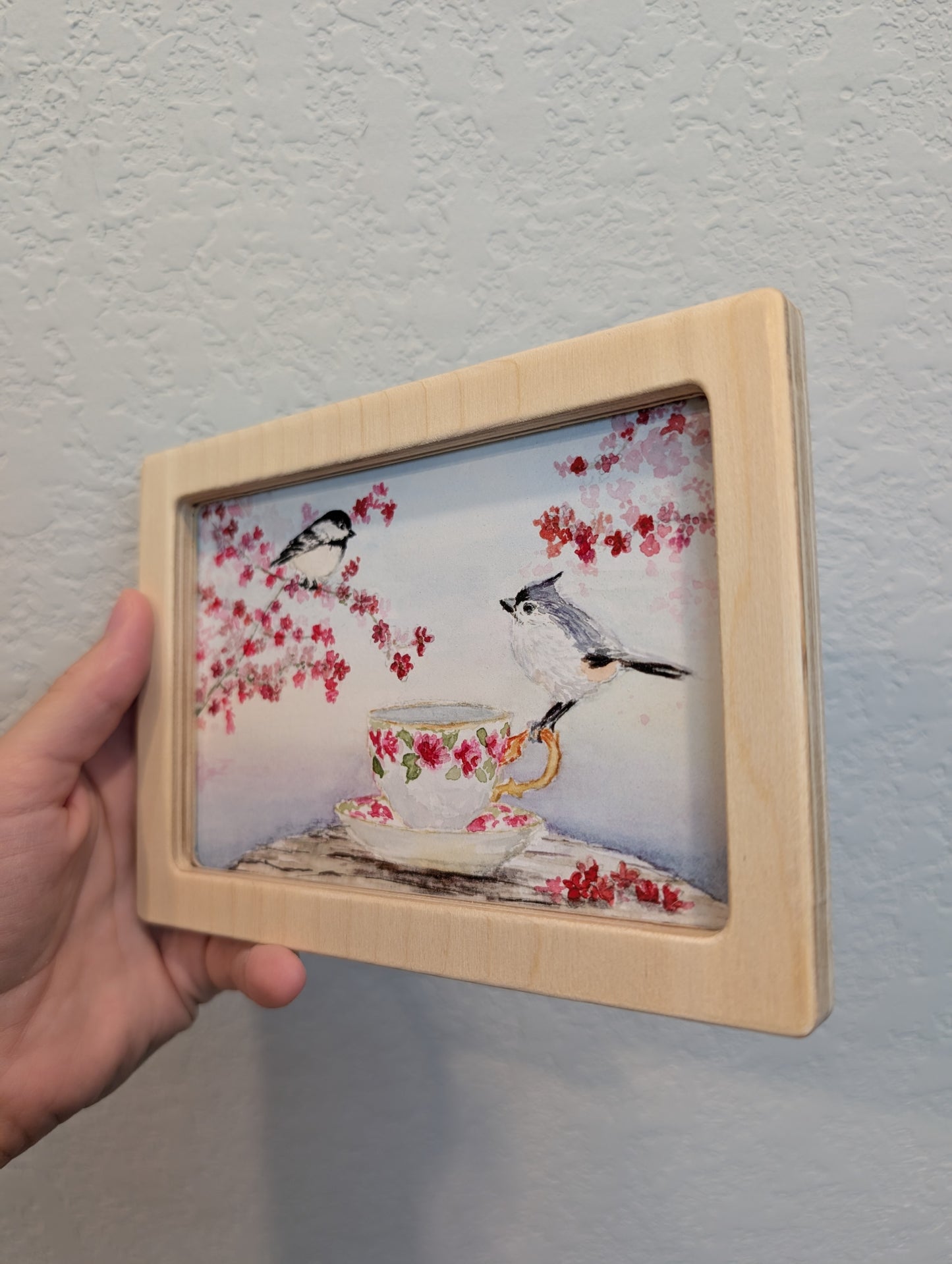 Chickadee Bird and Tufted Titmouse with Teacup Art Print - Solidframe Art by Lora Cavallin