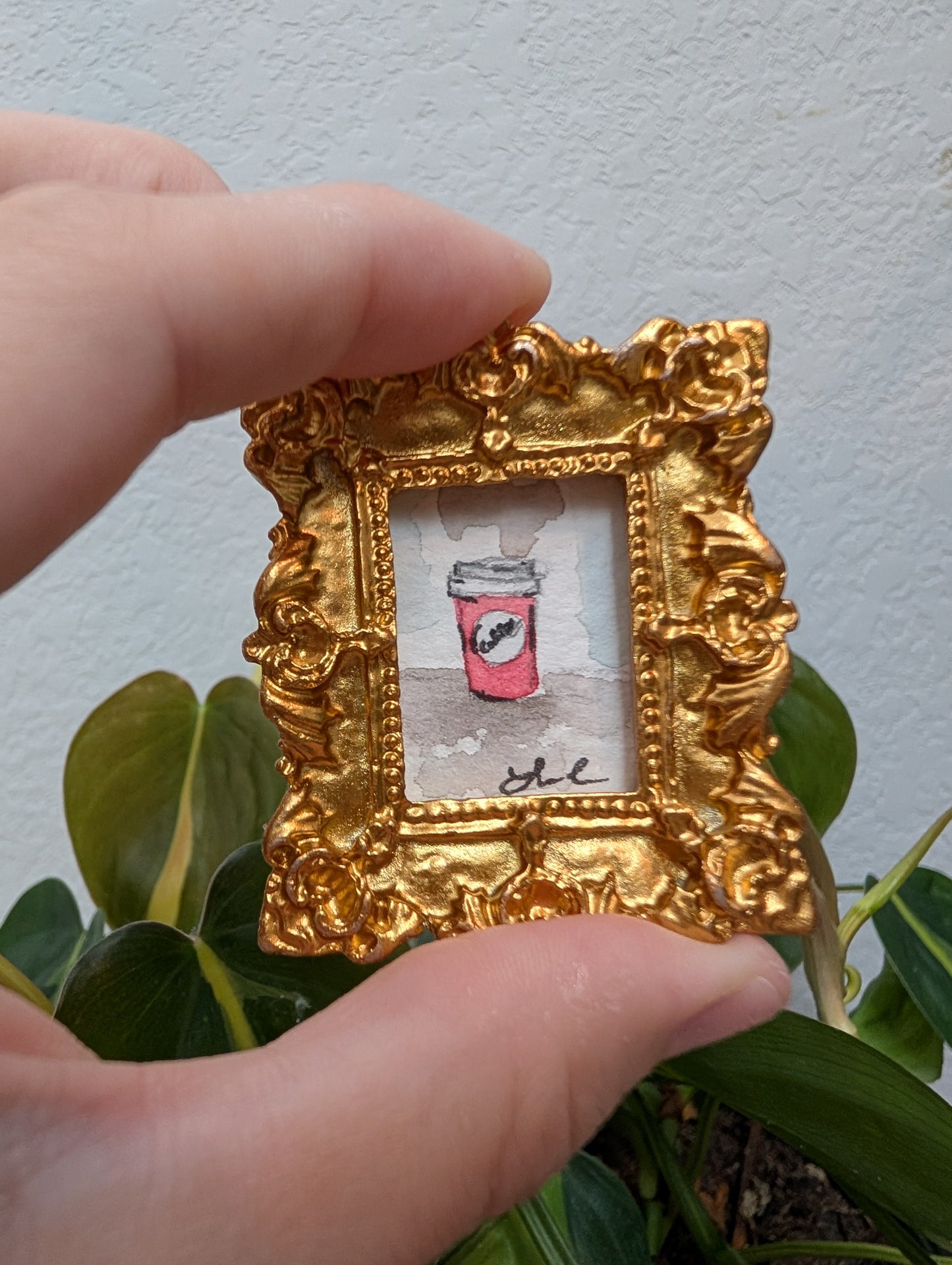 Mini Pink Coffee Cup Painting - Original Watercolor Art by Lora Cavallin