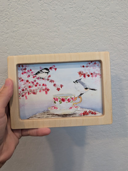 Chickadee Bird and Tufted Titmouse with Teacup Art Print - Solidframe Art by Lora Cavallin