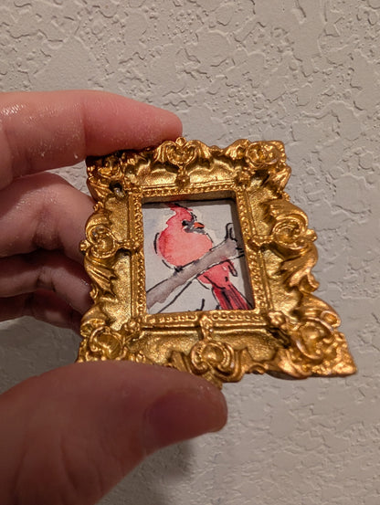 Mini Cardinal Bird Painting - Original Watercolor Art by Lora Cavallin