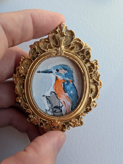 Mini Kingfisher Bird Painting - Original Watercolor Art by Lora Cavallin