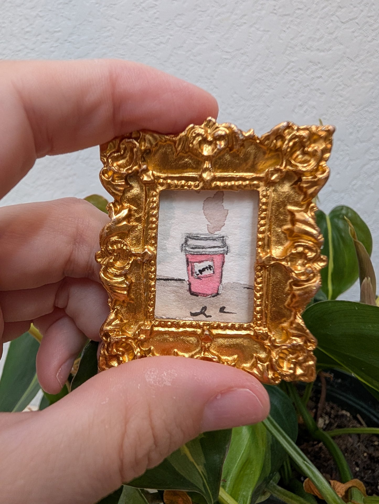 Mini Pink Coffee Cup Painting - Original Watercolor Art by Lora Cavallin