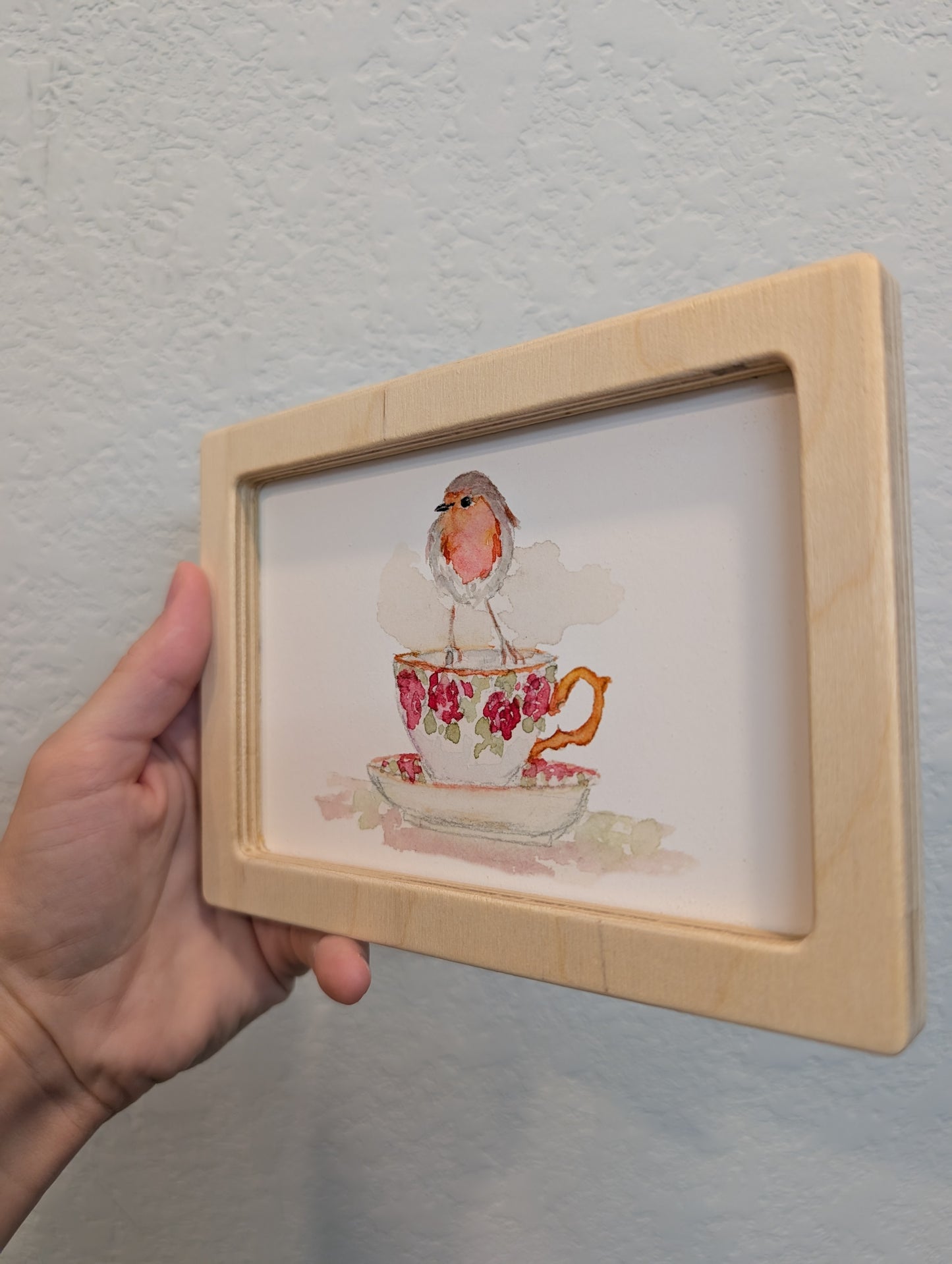 Robin Bird on Teacup Art Print - Solidframe Art by Lora Cavallin
