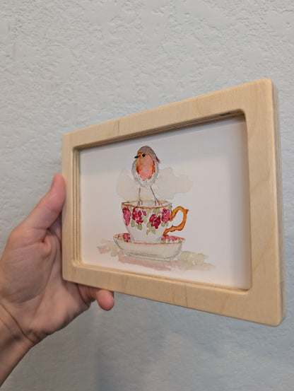 Robin Bird on Teacup Art Print - Solidframe Art by Lora Cavallin