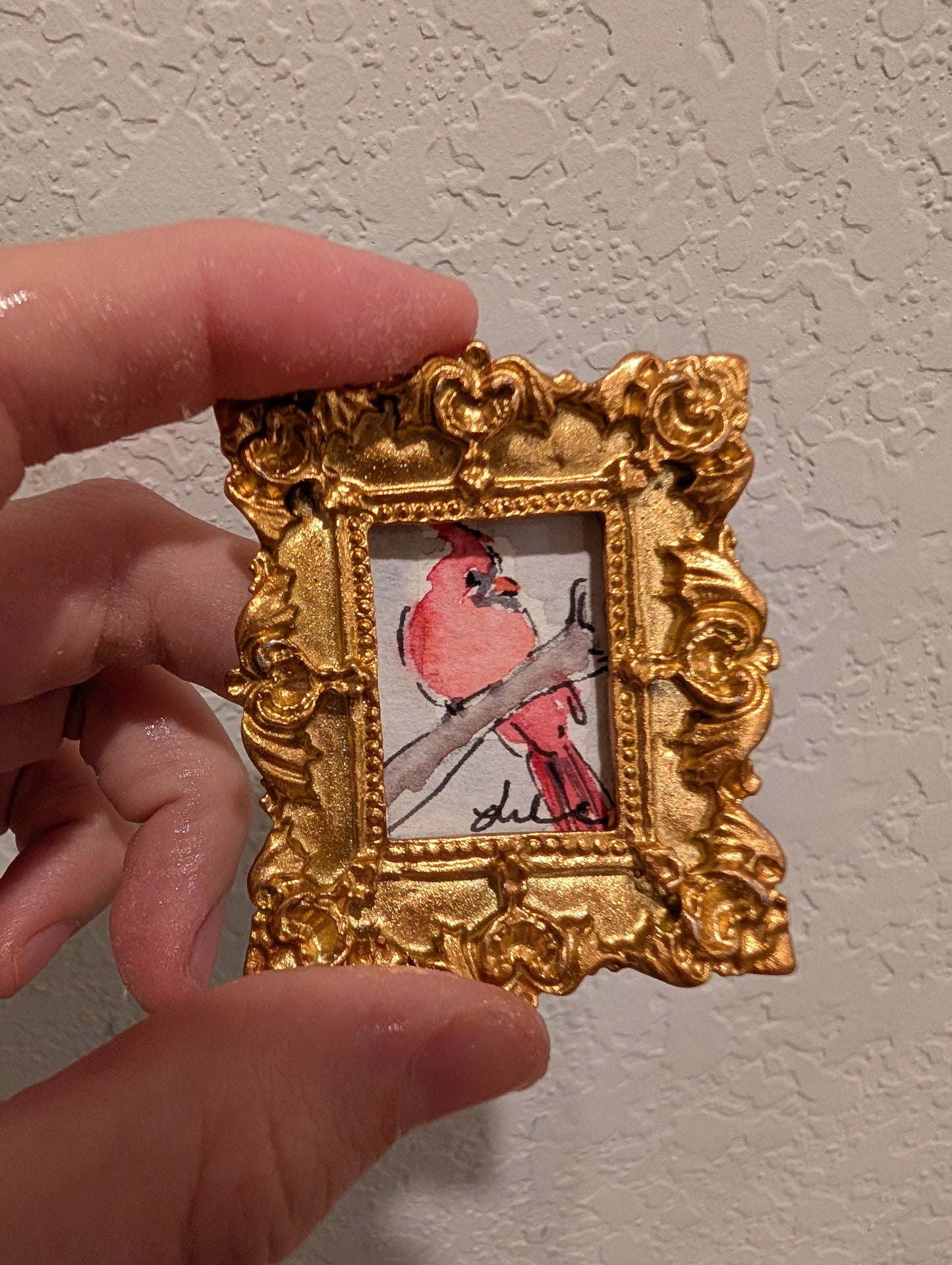 Mini Cardinal Bird Painting - Original Watercolor Art by Lora Cavallin
