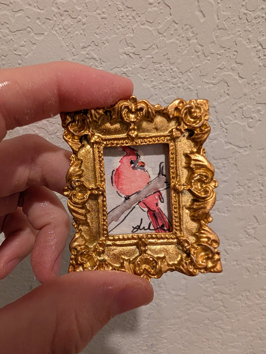 Mini Cardinal Bird Painting - Original Watercolor Art by Lora Cavallin