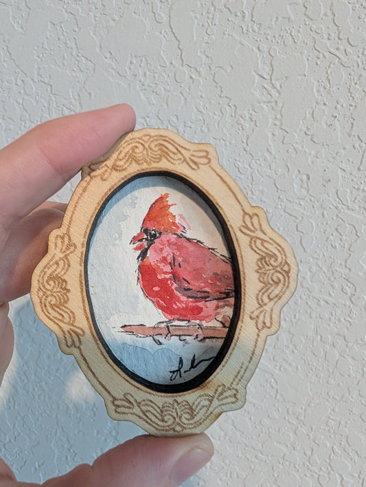Mini Cardinal Bird Painting - Original Watercolor Art by Lora Cavallin