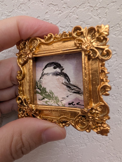 Mini Chickadee Bird Painting - Original Watercolor Art by Lora Cavallin