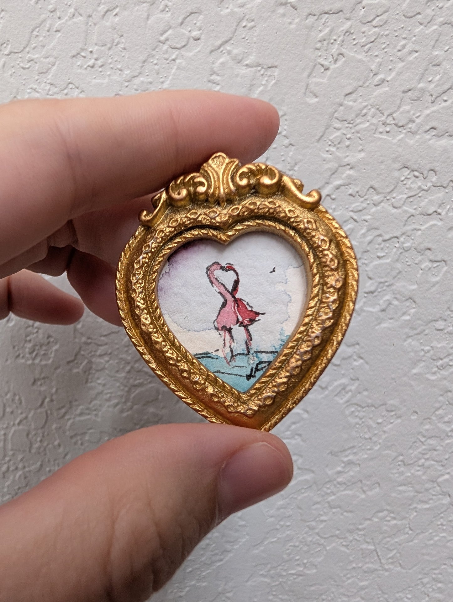 Mini Flamingos in Love Painting - Original Watercolor Art by Lora Cavallin