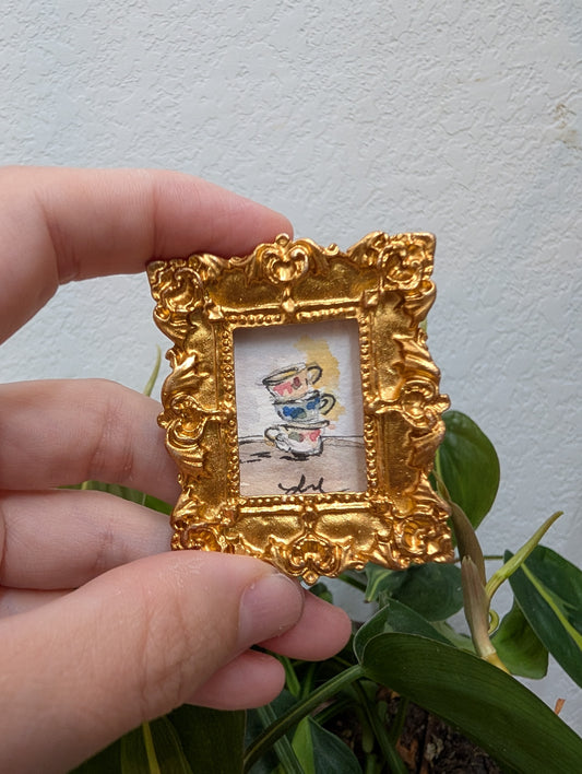 Mini Stacked Teacups Painting - Original Watercolor Art by Lora Cavallin