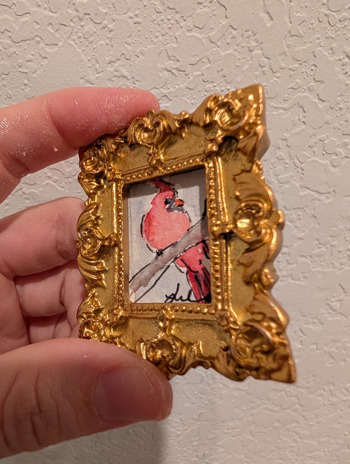 Mini Cardinal Bird Painting - Original Watercolor Art by Lora Cavallin