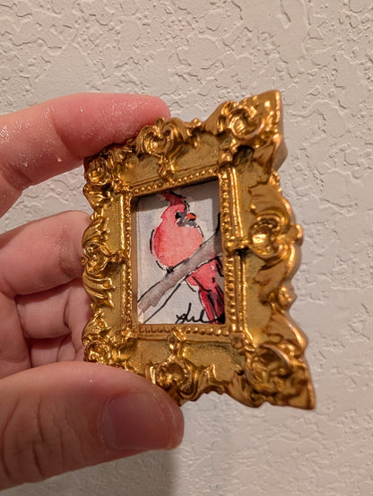 Mini Cardinal Bird Painting - Original Watercolor Art by Lora Cavallin