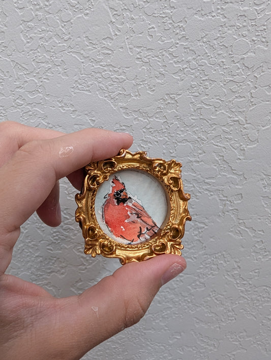 Mini Cardinal Bird Painting - Tiny Original Watercolor Art