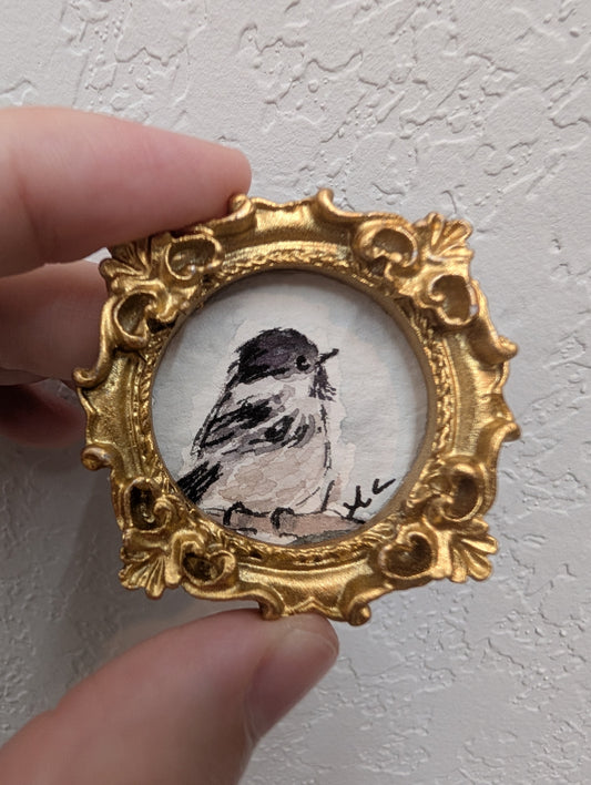 Mini Chickadee Bird Painting - Original Watercolor Art by Lora Cavallin