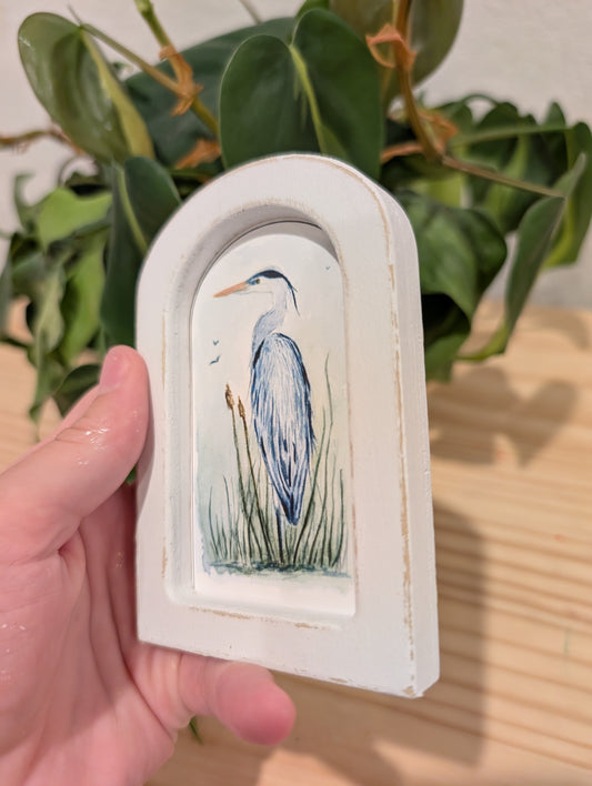Mini Blue Heron in Reeds Art Print - Wood Arch Frame - Lora Cavallin Art