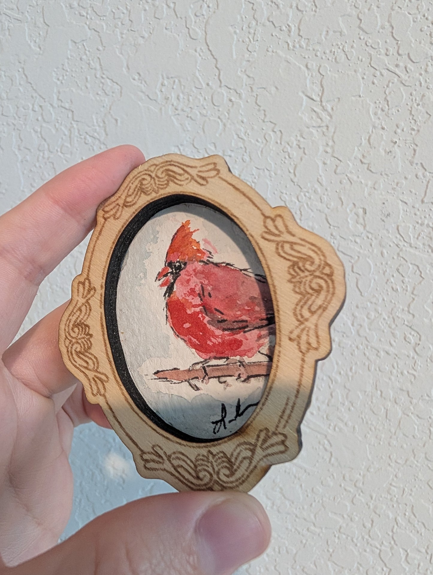 Mini Cardinal Bird Painting - Original Watercolor Art by Lora Cavallin