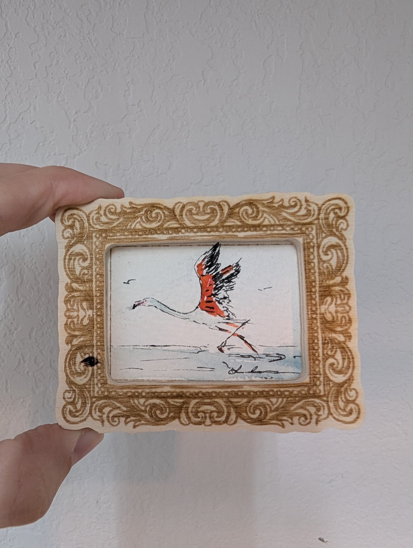 Mini Flying Flamingo Painting - Original Watercolor Art by Lora Cavallin