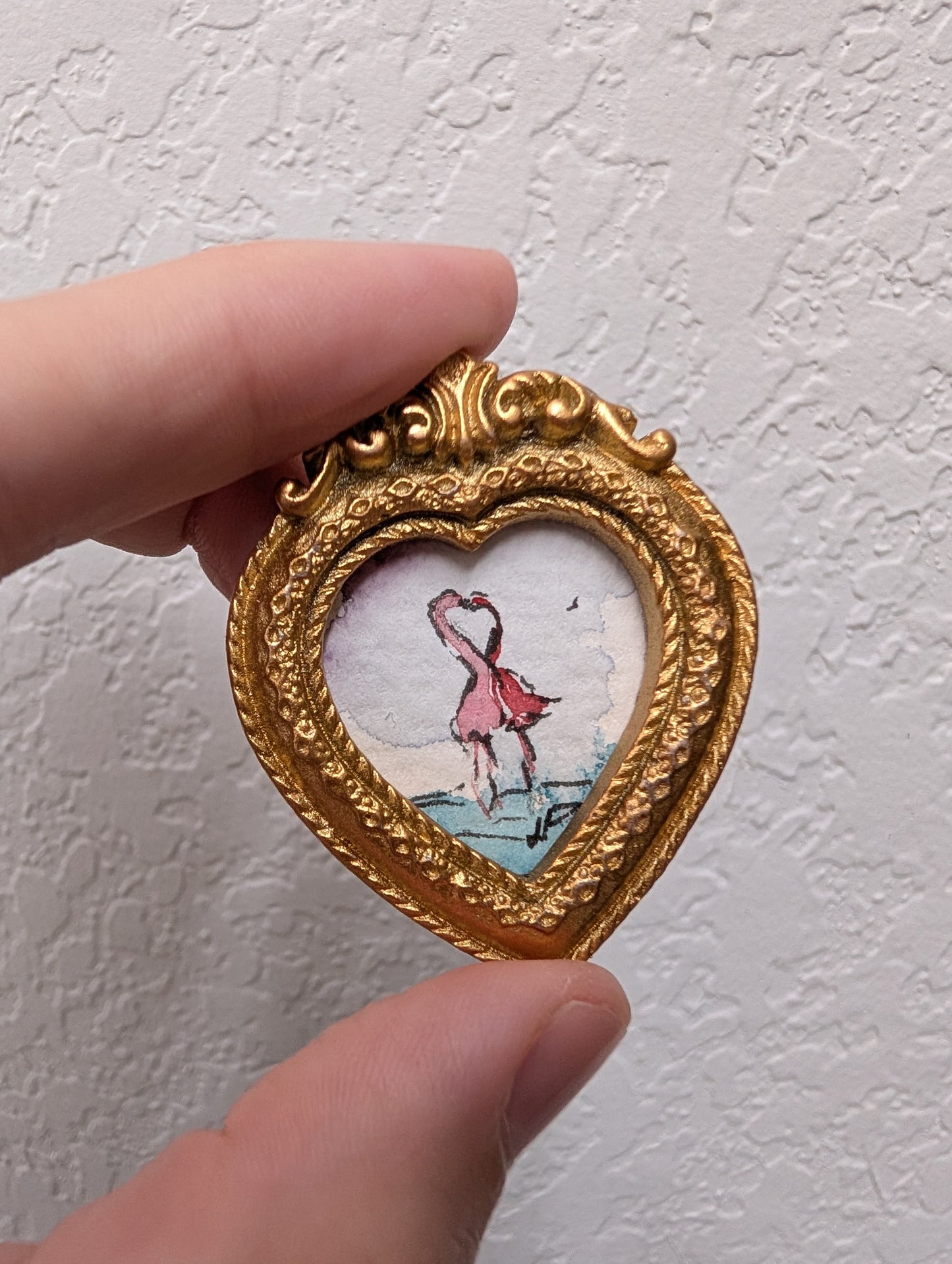 Mini Flamingos in Love Painting - Original Watercolor Art by Lora Cavallin