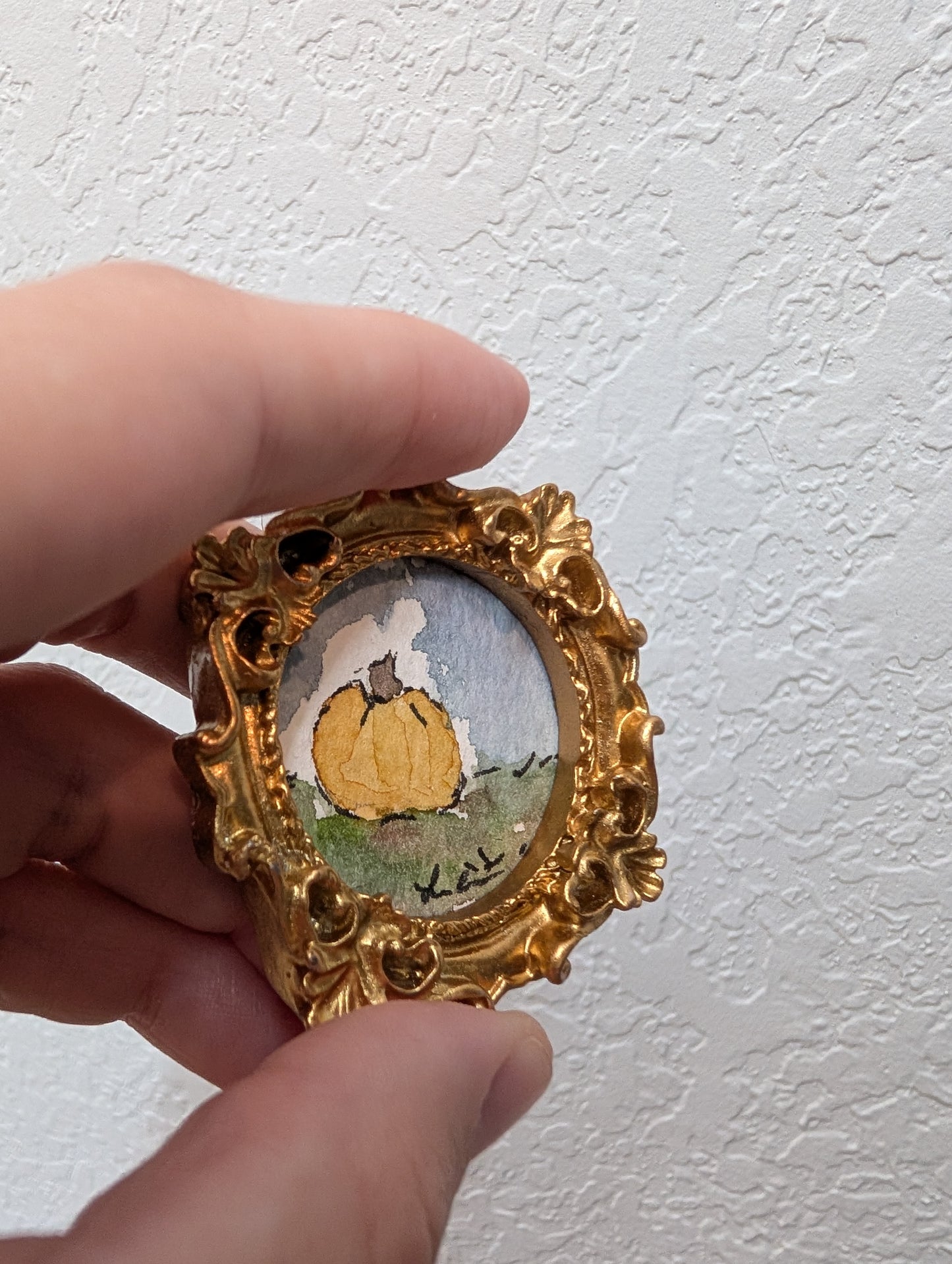 Mini Pumpkin Painting - Original Watercolor Art by Lora Cavallin