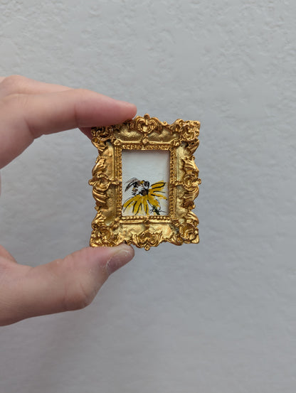 Mini Bee and Flower Painting - Tiny Original Watercolor Art