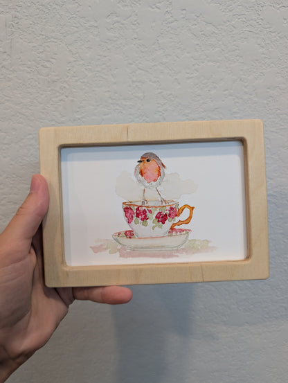 Robin Bird on Teacup Art Print - Solidframe Art by Lora Cavallin