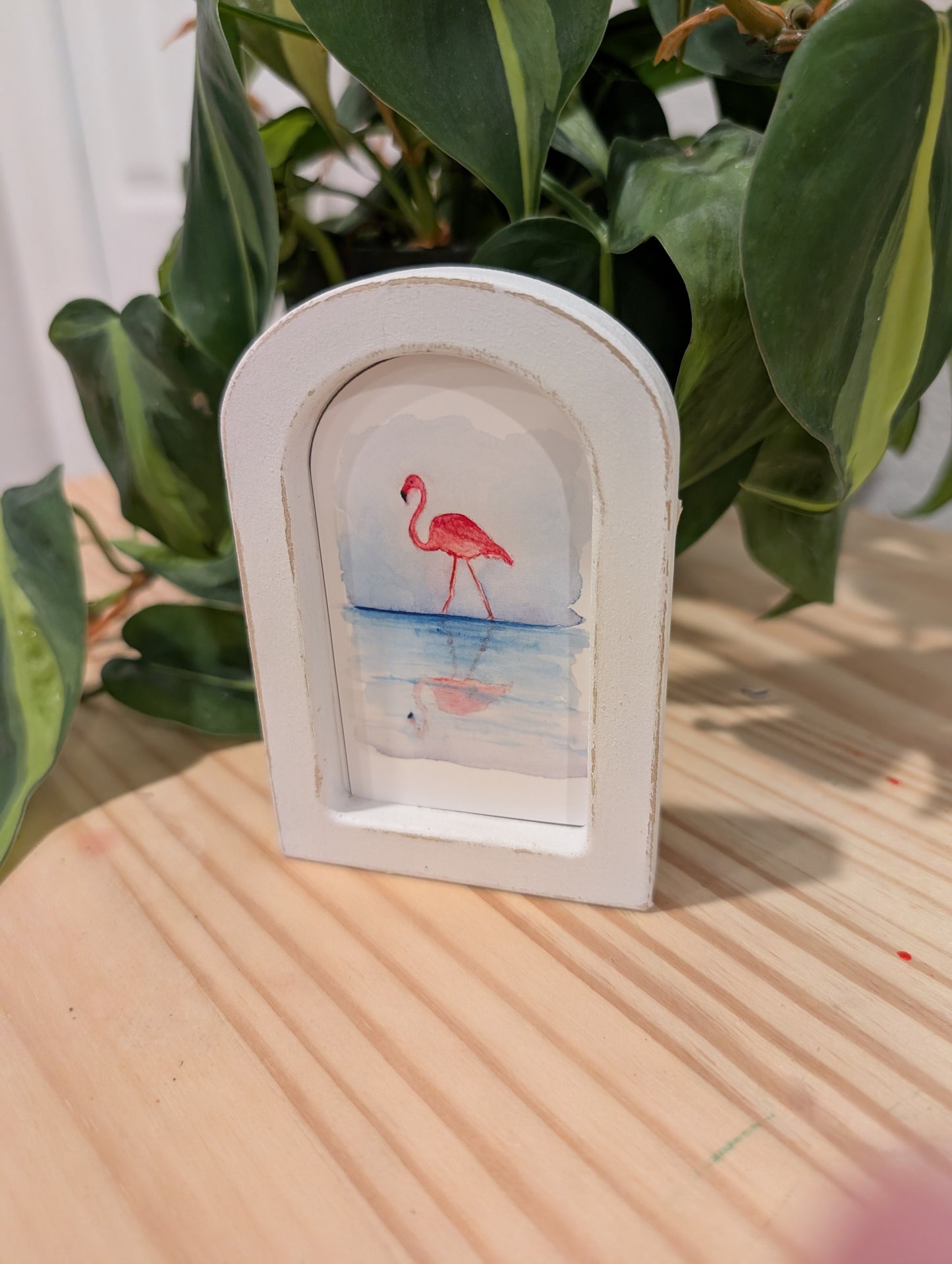 Mini Flamingo with Reflection Art Print - Wood Arch Frame - Lora Cavallin Art
