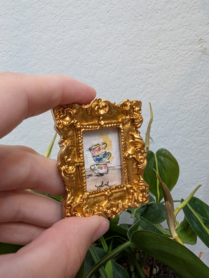 Mini Stacked Teacups Painting - Original Watercolor Art by Lora Cavallin