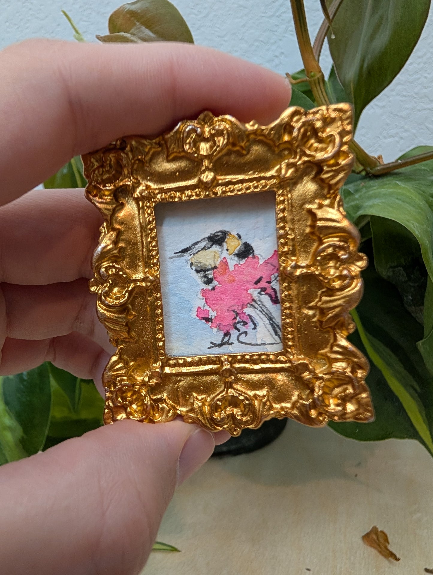 Mini Bee on Flower Painting - Original Watercolor Art by Lora Cavallin
