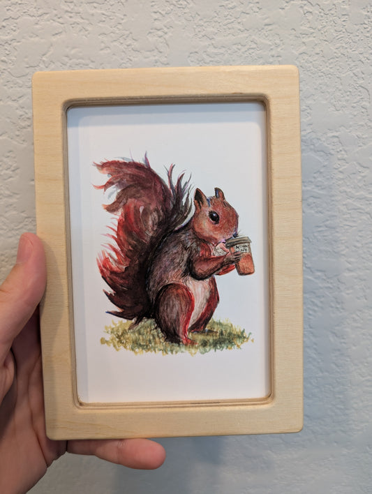 Squirrel Drinking Coffee Art Print - Solidframe Art by Lora Cavallin