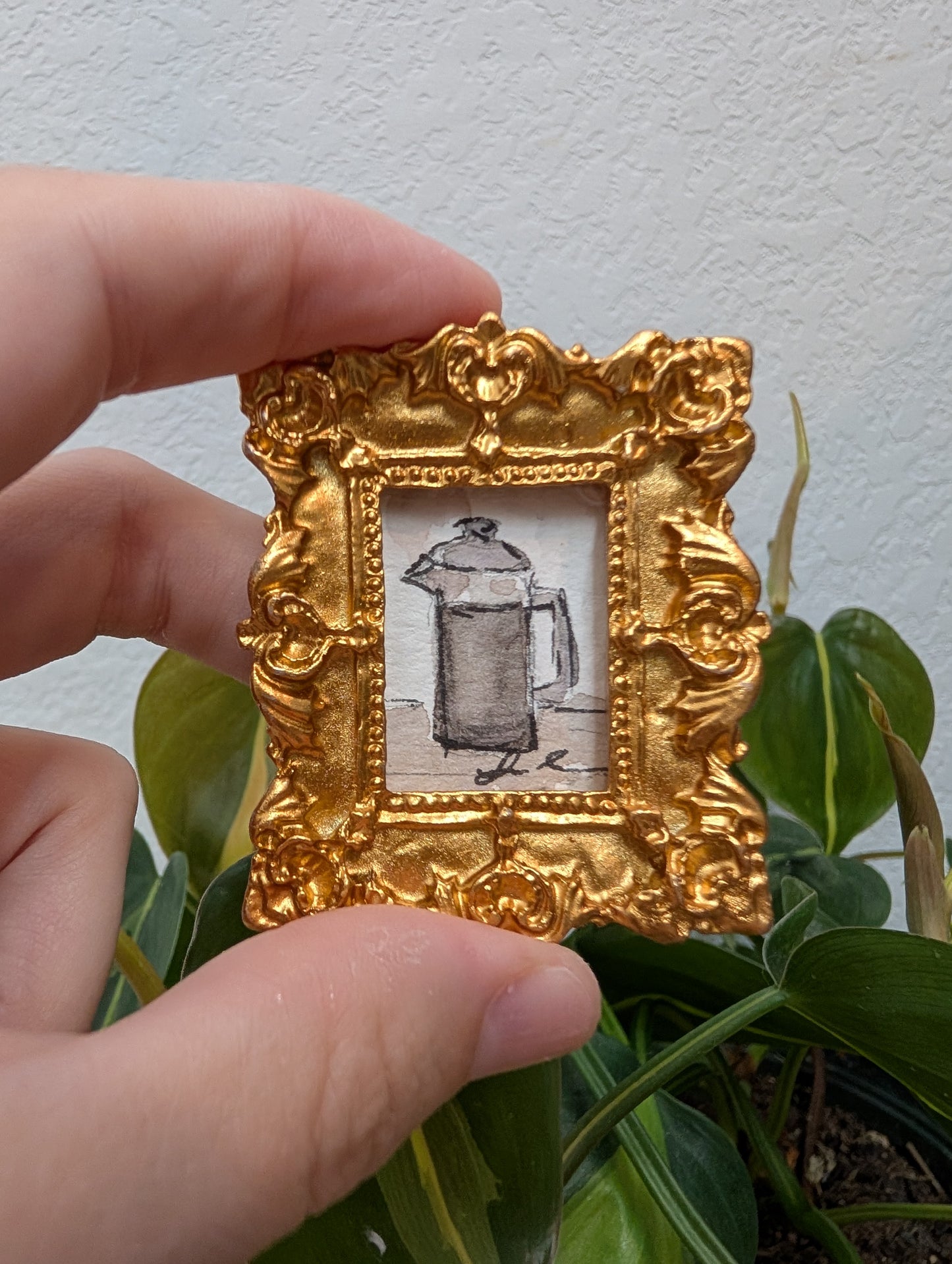 Mini French Coffee Press Painting - Original Watercolor Art by Lora Cavallin