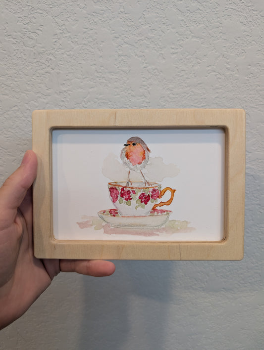 Robin Bird on Teacup Art Print - Solidframe Art by Lora Cavallin