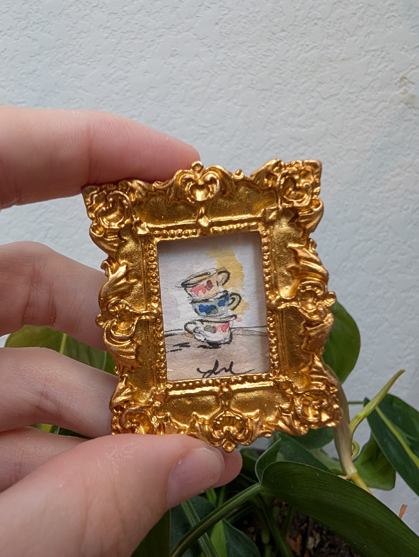 Mini Stacked Teacups Painting - Original Watercolor Art by Lora Cavallin