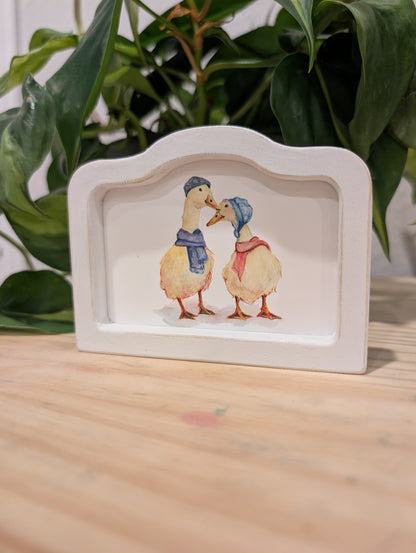 Mini Whimsical Duck Couple Art Print - Wood Arch Frame - Lora Cavallin Art