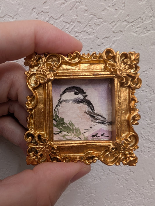 Mini Chickadee Bird Painting - Original Watercolor Art by Lora Cavallin