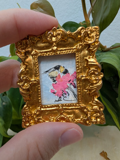 Mini Bee on Flower Painting - Original Watercolor Art by Lora Cavallin