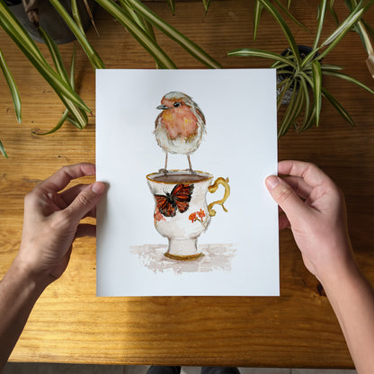 Robin Sitting on a Tea Cup - Lora Cavallin Art - Not Framed, Print Only