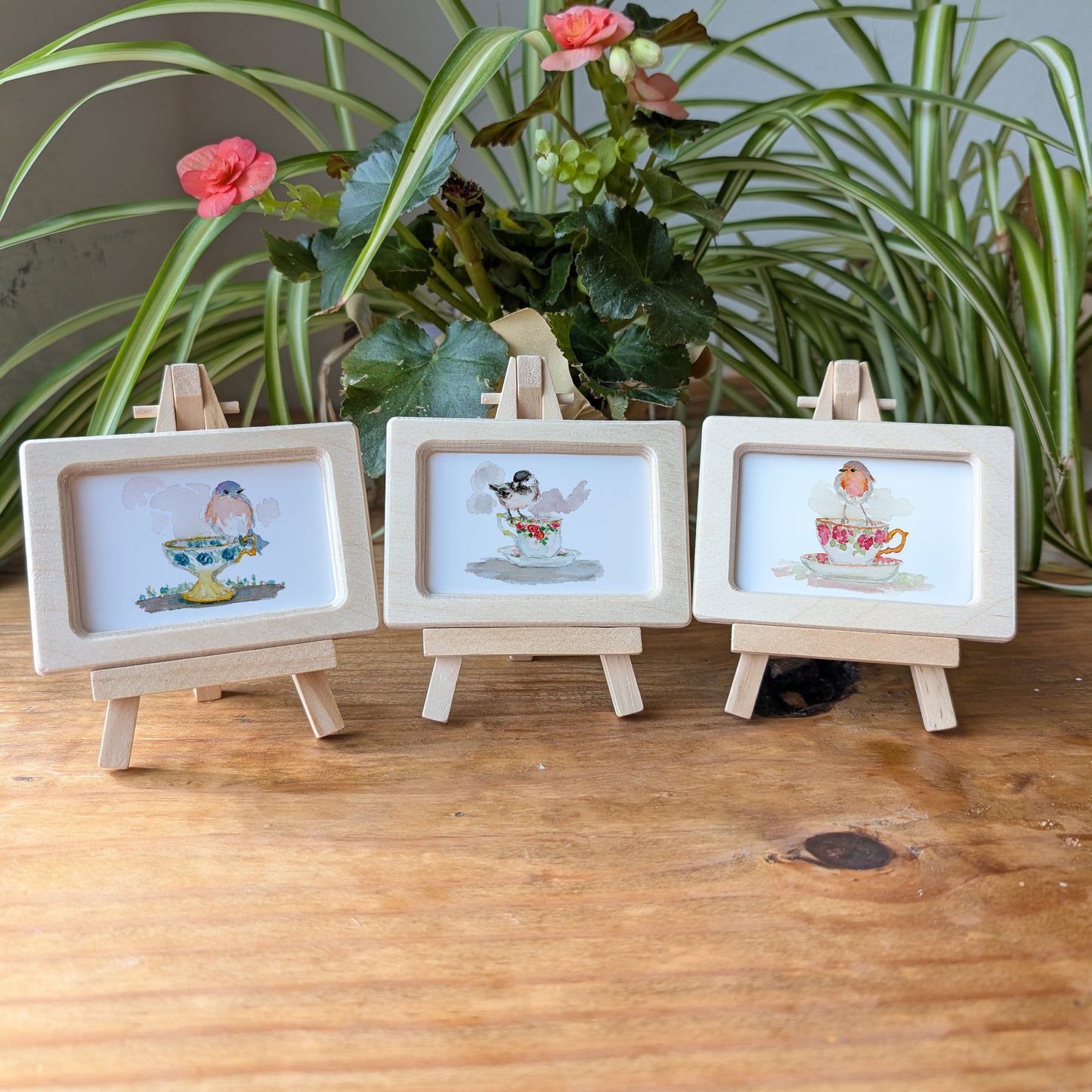 Set of 3 Teacup Birds Designs - Mini Framed Prints - Robin, Blue Bird and Chickadee Bird - Watercolor Art By Lora Cavallin- Miniframed