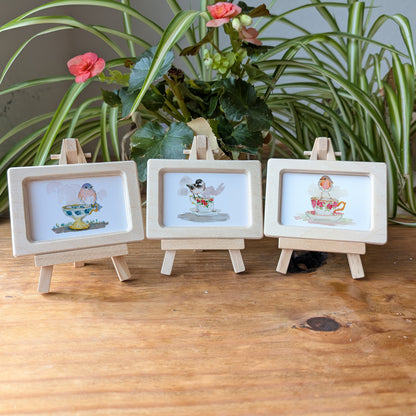 Set of 3 Teacup Birds Designs - Mini Framed Prints - Robin, Blue Bird and Chickadee Bird - Watercolor Art By Lora Cavallin- Miniframed